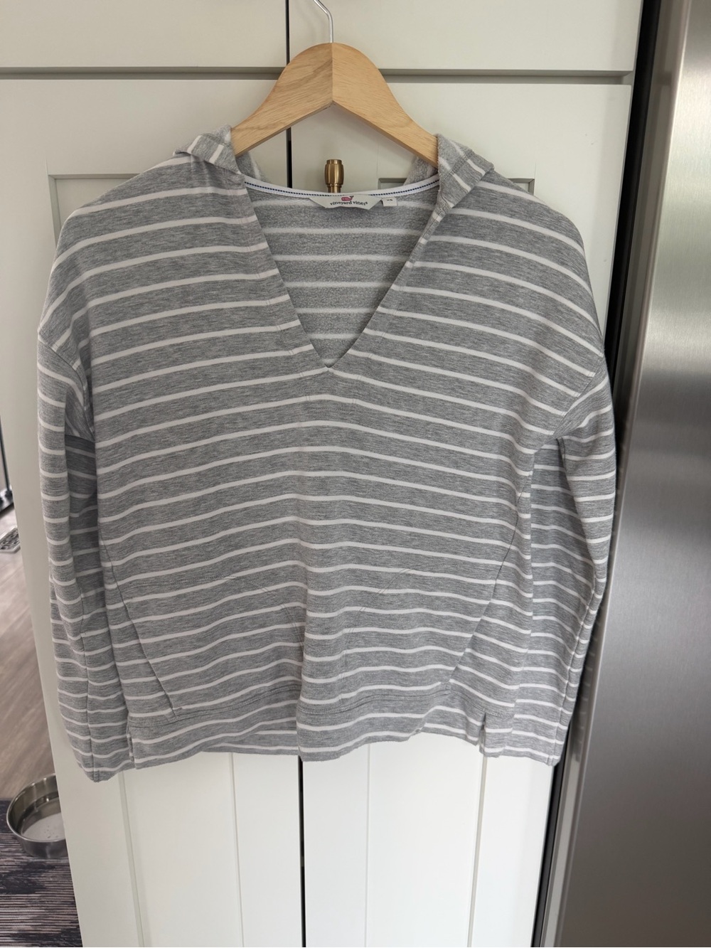 Vineyard Vines Gray and White Striped V-Neck Hoodie Sweater
